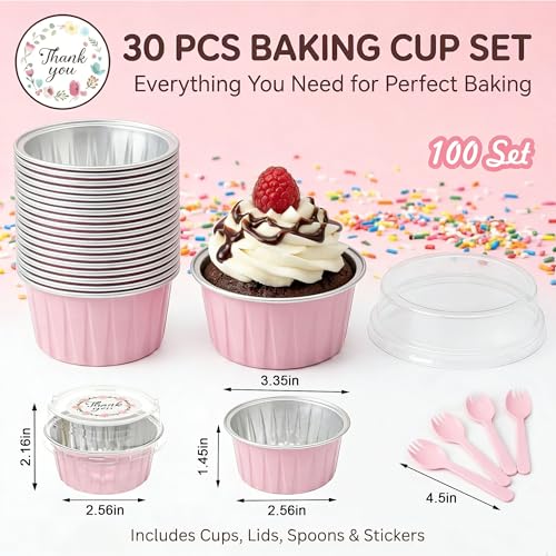 100Pcs Mini Aluminium Foil Baking Cups with Lid and Spoon Disposable(Pink) - color: Pink