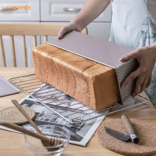 CHEFMADE Commercial Pullman Loaf Pan with Lid, 2.6Lb Dough Capacity Non-stick Rectangle Corrugated Toast Box for Oven Baking 5.2" x 15.2"x 4.9" Dishwasher Safe (Champagne Gold) - size: 04 - 2.6Lb Dough-Cap. Corrugated (Commercial)