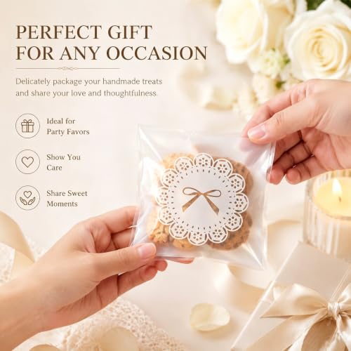100 PCS Self Sealing Cookie Bags, Lace Bow, 4 x 4 Inch with 108 Stickers