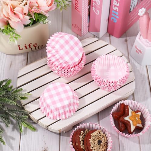 Whaline 300 Pcs Pink Plaid Cupcake Liner Paper Pink Checkered Muffin Liner Baking Cups 2 x 1.2 Inch Cute Cupcake Wrappers for Baby Bridal Shower Wedding Birthday Party Supplies - color: Pink