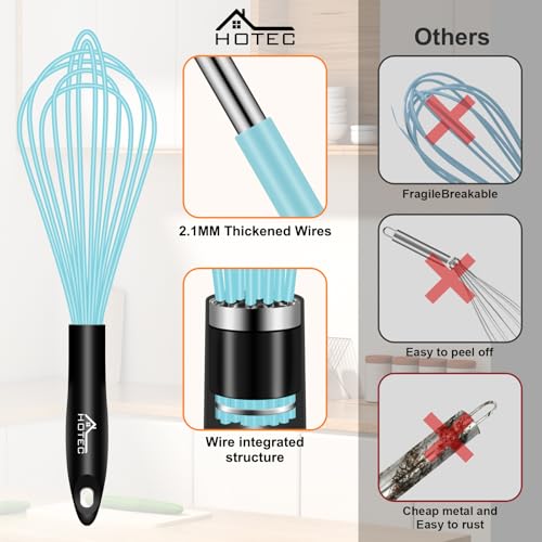 HOTEC 4Pcs Silicone Whisk Set, Wire Balloon Whisks for Cooking Egg Beater - color: Blue