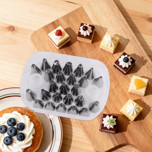 25pcs Piping Tips, Include 2pcs Adapters & Piping Tip Organizers Box Reusable Cake Decorating Kit 27 Grids Baking Organizer Compartment for Cream Cupcake Cookie DIY