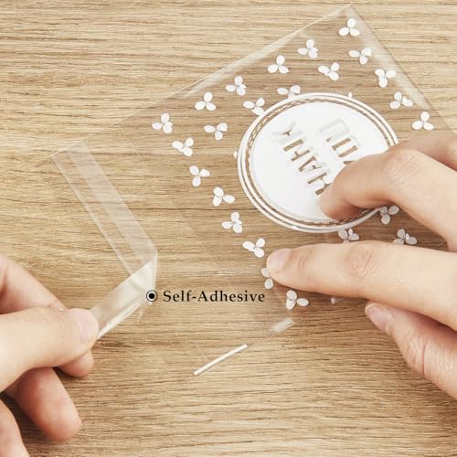 Jutieuo 100pcs Self-Adhesive Thank You Cookie Bags, 4x4 Inch White Polka Dot Clear Cellophane Treat Bags for Individual Dessert Pastry Goodie Candy Cookie Packaging, Party Favors, Bake Sale