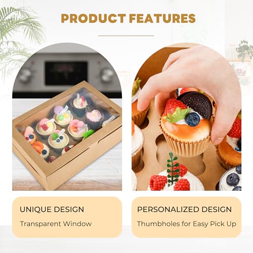 NPLUX 6 Pack Cupcake Boxes for 12 Cupcakes, Brown with Window - color: Brown
