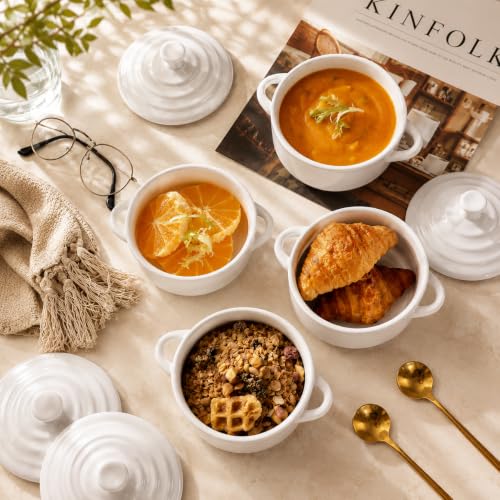 Mini Dutch Oven Set of 4, 14 oz Ceramic Mini Dutch Ovens with Lids and Handles, Ramekins with Lids for French Onion Soup, Pot Pies, Soufflés and Baked Desserts, Oven Microwave Dishwasher Safe, Mini Cocotte, White - color: White
