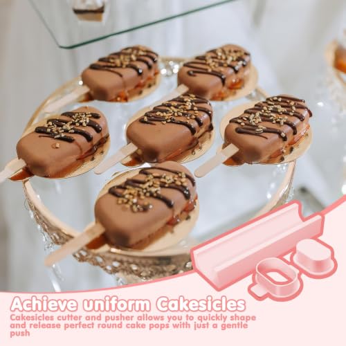 3 Inch Cakesicle Cutter and Cake Pop Mold Set with 8.7in Tray, 100 Wooden Sticks & 100 Bags, Silicone Cakesicle Mold for Homemade Cake Pops, Baking, Birthdays and Party Desserts (Pink) - color: Pink