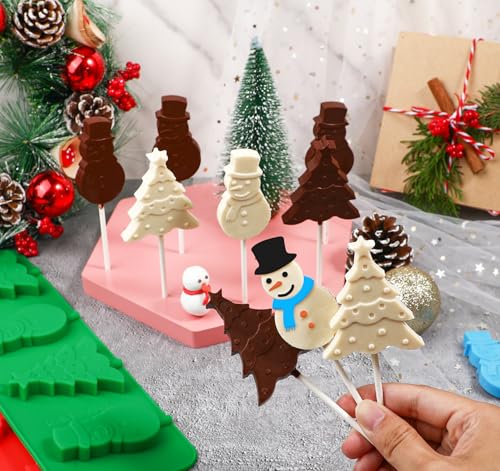 Webake Christmas Lollipop Molds with Tree and Snowman Shapes, Silicone Chocolate Candy Sucker Mold with Sticks, Pack of 2