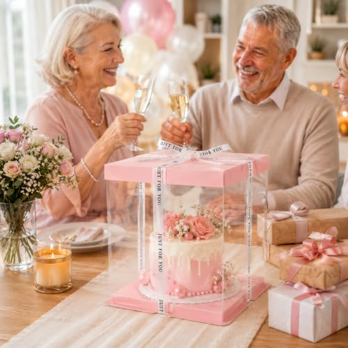 12x12x10inch 8Pcs Tall Cake Boxes Clear Display Gift Boxes with Ribbon,Lid for 10" and 11" Inch Tall Layer Tiered Cakes and Bakery Display Birthday Wedding Party. (Pink, 12*12*10inch/8pcs) - color: Pink, size: 12*12*10 inch/8 pcs