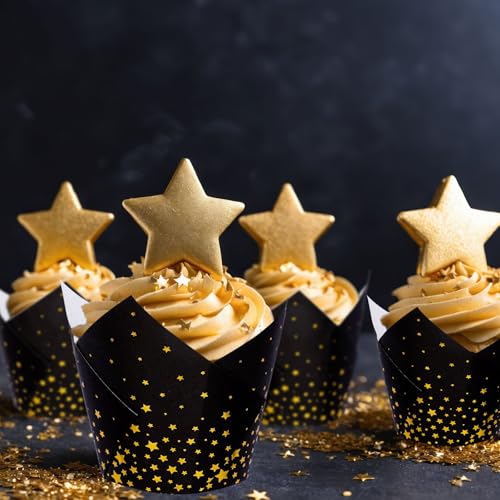 FYSUIMU 200Pcs Graduation Black Gold Star Tulip Cupcake Liners Foil Gold Star Muffin Baking Cups Cupcake Wrappers for Congrats Grad Holiday Birthday Party Supplies