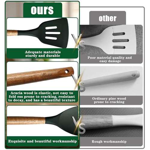 Non-Stick Silicone Cooking Utensils Set with Natural Acacia Hard Wood Handle, 5 Piece, High Heat Resistant (Green) - color: Green