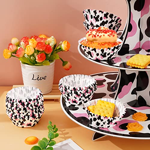 Waline 300 Pcs Cow Print Cupcake Liners 2 x 1.2 Inch Black Pink Animal Print Paper Baking Cups Muffin Liner Cake Storage Container for Baby Shower Birthday Wedding Party Supplies - style: Black Pink Cow Print