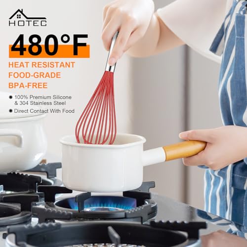 HOTEC 4Pcs Silicone Whisk Set, Wire Balloon Whisks for Cooking Egg Beater - color: Red,Silver