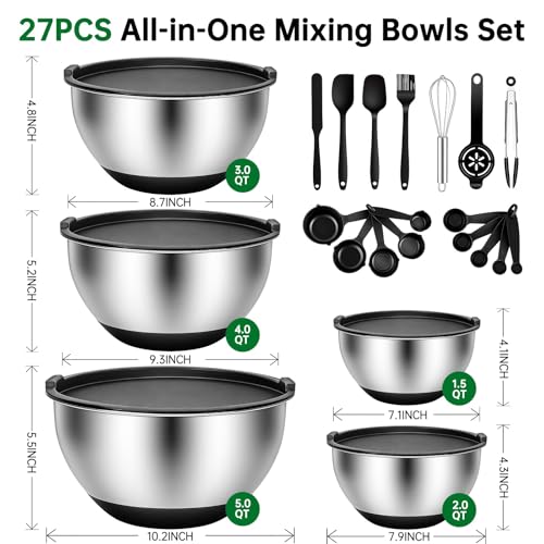 Deedro Mixing Bowls with Airtight Lids, Stainless Steel Mixing Bowls Set - color: Black