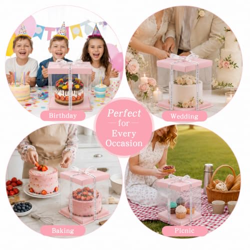 12x12x10inch 8Pcs Tall Cake Boxes Clear Display Gift Boxes with Ribbon,Lid for 10" and 11" Inch Tall Layer Tiered Cakes and Bakery Display Birthday Wedding Party. (Pink, 12*12*10inch/8pcs) - color: Pink, size: 12*12*10 inch/8 pcs