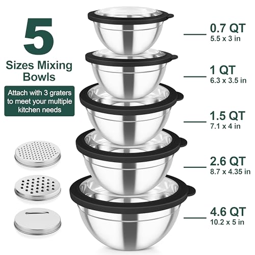 TeamFar Mixing Bowls, Stainless Steel Salad Serving Bowl with Clear Lids - color: Black