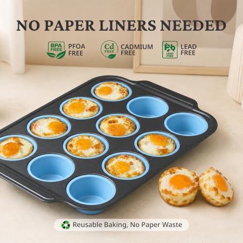 BRONYPRO Silicone Muffin Pans for Baking with Metal Frame, Egg Bite Molds, 12-Cup Regular Size Cupcake Pan, Easy-Release Nonstick Food-Grade Silicone, Cleaning Brush Included, Oven Safe, Blue - color: Blue, size: 12-Cup Standard