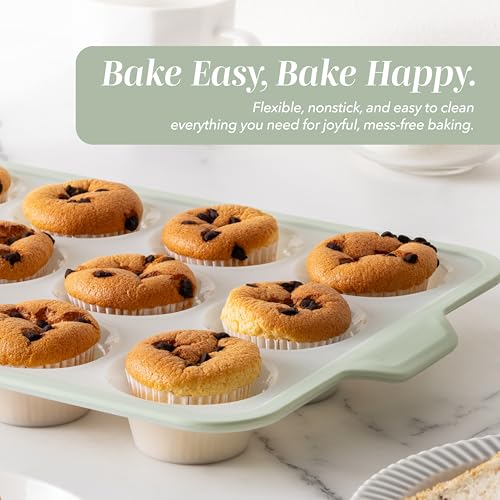 COOK WITH COLOR 17 Pc. Silicone Baking Pan Set - Non-Stick & Easy Clean Silicone Muffin Pans for Baking with Sturdy Metal Frame for Stability, Flexible Cake Molds, Includes Measuring Cups and Spoons - color: Sage
