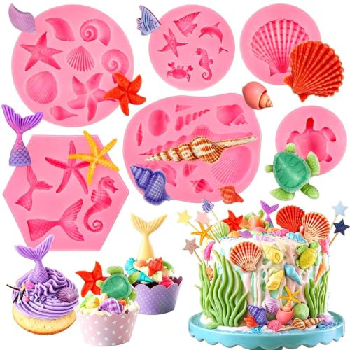 6 Pcs Marine Theme Silicone Mold Mermaid Tail Sea Turtle Fish Seashell Starfish Conch Seahorse Marine Animal Fondant Mold Set for Ocean Cake Decorations Chocolate Candy Resin Clay Birthday Party Decor - color: 6 Pcs Marine Theme Silicone Mold, Pink