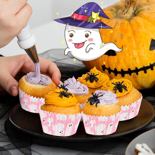 600 Pack Halloween Cupcake Liners Pink Ghost Baking Cups Standard Size Muffin Liners for Halloween Party Candy Cake Decorations Supplies - style: Pink Ghost
