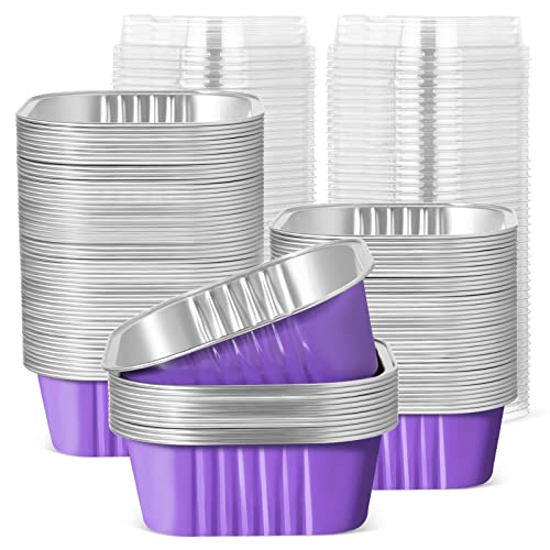 50 Pcs Aluminum Foil Baking Cups with Lids 10 oz Square Baking Cups Disposable Ramekins with Lids for Flans Snacks Pudding Pan Tin Wedding Catering Party Favor (Purple) - color: Purple