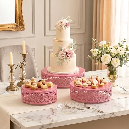 3Pcs Metal Food Risers, Buffet Table Display Stand - color: Pink, size: 3P-Round(8IN to 12 IN)