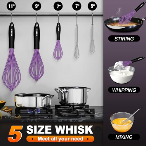 Walfos Whisk, Silicone Whisks Set of 5, Mini Stainless Steel Whisk 7+5in & Non Scratch Coated 7+9+11in Whisks, Suitable for Blending, Whisking, Beating, Frothing & Stirring. (Purple) - color: 5pcs Purple + Stainless Steel;7+9+11in & 5+7in