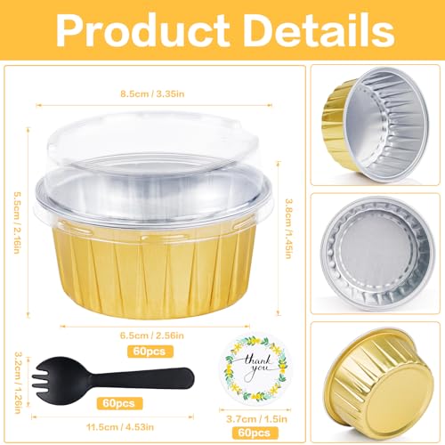 60Pcs Mini Cheesecake Containers, ZOXILEN 5oz 125ml Disposable Aluminum Foil Mini Baking Cups with Lids Spoons, Round Individual Small Cake pans Cupcake liners for Party Gold - color: Gold 60pcs