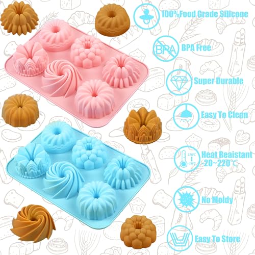 Mini Cake Pan, 2 Pack 6-Cavity Mini Silicone Cake Pans for Baking, Nonstick Silicone Fluted Tube Cake Molds for Cupcakes, Donuts, Cornbread, Brownies, Jello Making