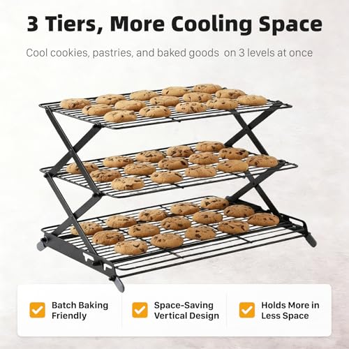 3-Tier Collapsible Cooling Rack, Adjustable Wire Baking Rack, Black