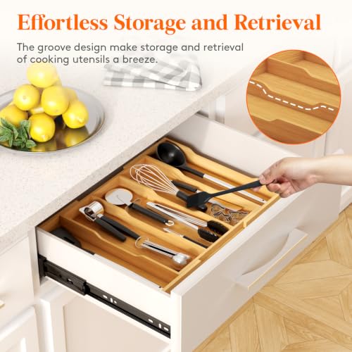 Lifewit Bamboo Kitchen Drawer Organizer, Cooking Utensil Silverware Tray - color: Natural, size: 5 Slot(12.6~22.8''W x 14'' D)