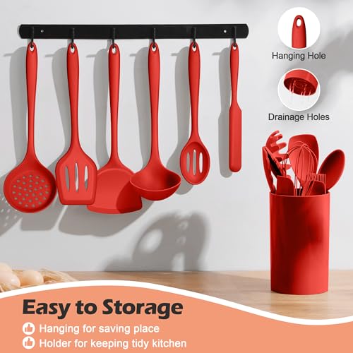 Homikit Kitchen Cooking Utensils Set, 15-Piece Silicone Spatula with Holder - color: Red