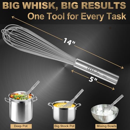 Webake 14 Inch Commercial Whisk, 304 Stainless Steel Large Whisk, Extra-Thick 2.5mm Wires, Professional Kitchen Tool for Mixing, Beating, Blending - size: 14Inch