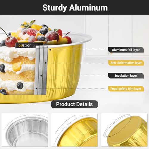 EUSOAR Cupcake Liners, 100pcs 9oz Gold Aluminum Creme Brulee Ramekins with Lids, Disposable Muffin Tins Cupcakes Baking Cups Pudding Holders Mini Brownie Cakes Pans for Wedding Birthday Theme Party - color: Gold, size: 100pcs
