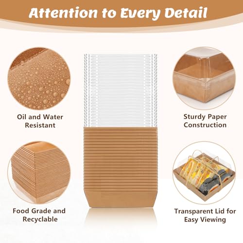 54 Pack Small Charcuterie Boxes with Clear Lids, Paper Mini Charcuterie Box To Go, Disposable Food Container with Lid, Dessert Boxes for Sandwich, Cookie, Sushi, Cake Slice, and Strawberries - color: Brown