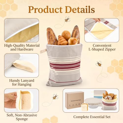 4-Pcs XL Beeswax Bread Bag Set: 2 Bags, Bowl Cover & Cleaning Sponge - color: Striped