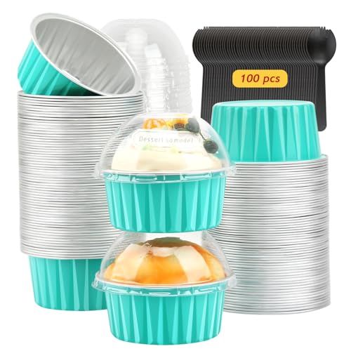 LNYZQUS 5oz Dot Cake Cups with Dome Lids 100 Pack, Foil Cupcake Pans - color: Cyan Blue, size: 5 oz