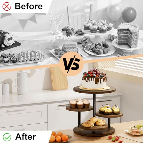 Cupcake Holder for 50 Cupcakes Wood Cake Stand with 4 Tiered Serving Tray 360°Rotating Dessert Stands Round Cookie Trays for Parties Wedding Baby Shower Afternoon Tea Dessert Table, Walnut - color: Walnut