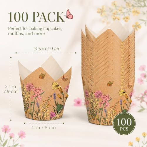 Whaline 100Pcs Wildflower Tulip Cupcake Liner, Colorful Floral Muffin Liner