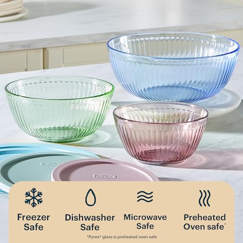 Pyrex Colors (3-Pack) Sculpted Tinted Glass Mixing Bowls with Plastic Lids - color: Pink, Green, Blue, size: 3-Pack, Small/Medium/Large, With Lids