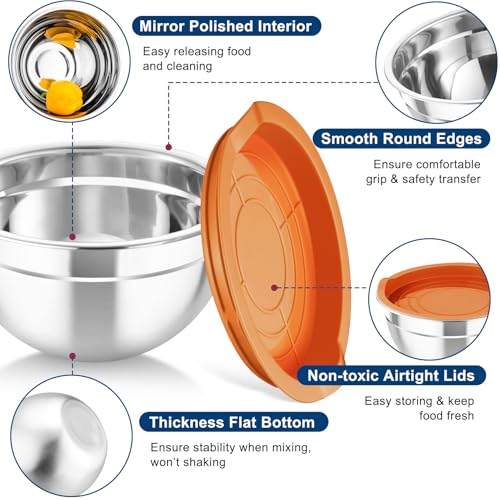 TeamFar Mixing Bowls with Lids, 5PCS Stainless Steel Metal Salad Bowl - color: Multicolor
