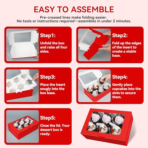10-Set Cupcake Boxes Bulk with Clear Display Window Hold 6 Standard Cupcakes, Disposable Food Grade Red Cupcake Carrier Cupcake Container, Perfect for Cupcakes Muffins Cookies Pastries