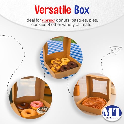 MT Products Kraft Cookie Boxes 8" x 8" x 2.5" - Auto Pop-Up Bakery Boxes with Window (Pack of 25) - Made in the USA - color: Brown