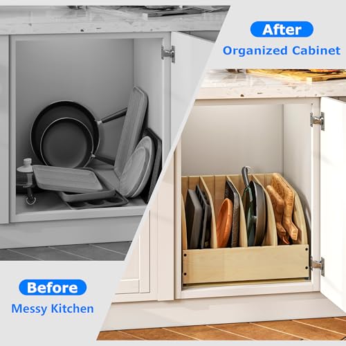 WelFurGeer Birchwood Pot and Pan Organizer with Soft-Close Drawer, Pull Out Cabinet Organizer, Heavy-Duty Slide-Out Storage for Baking Sheets, Cutting Boards, and Kitchen Utensils - size: 17"W X 21"D