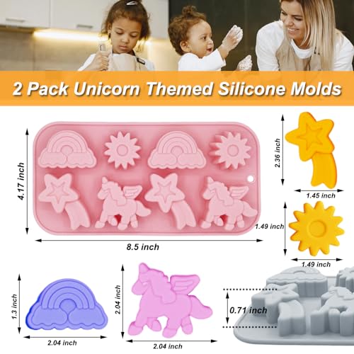 2 Pack Unicorn Molds Silicone 8 Cavity 3D Flying Unicorn Themed Baking Mould Tray with Cartoon Rainbow Meteors Sun for Kids' Party Chocolate Cake Topper Dessert Mousse Pastry Handmade Soap Crayons - style: 8 Cavity Unicorn Molds