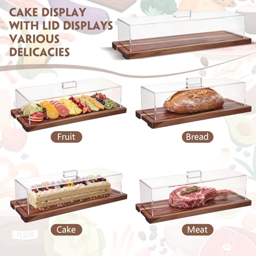 Mifoci 2 Pack Acacia Wood Cake Stand Serving Tray with Acrylic Lid, 15 x 6 x 4 Inches Charcuterie Table Display Set, Dessert Serving Tray Set for Bakery, Buffet, Home Party & Restaurant - color: Acacia Wood, size: 15 x 6 x 4 Inches