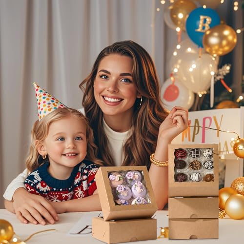 20 Pack 6x6x2.5 Inch Brown Pastries Boxes with Window for Cookie, Cake, Macaron, Pie, Bath Bombs,Chocolate Covered Strawberries & More - color: Brown