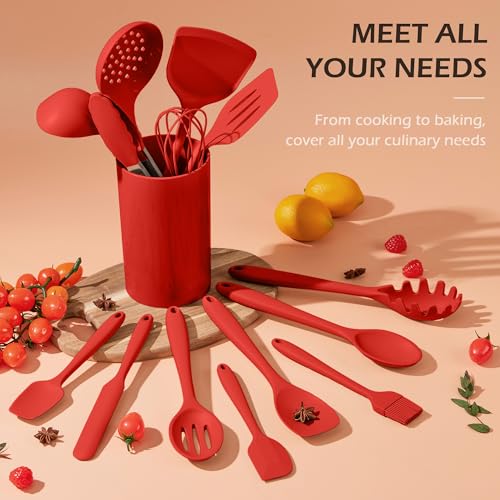 Homikit Kitchen Cooking Utensils Set, 15-Piece Silicone Spatula with Holder - color: Red