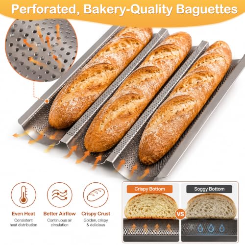 2-Pack Baguette Bread Pan, 3-Slot French Bread Baking Tray, Golden - color: Gold