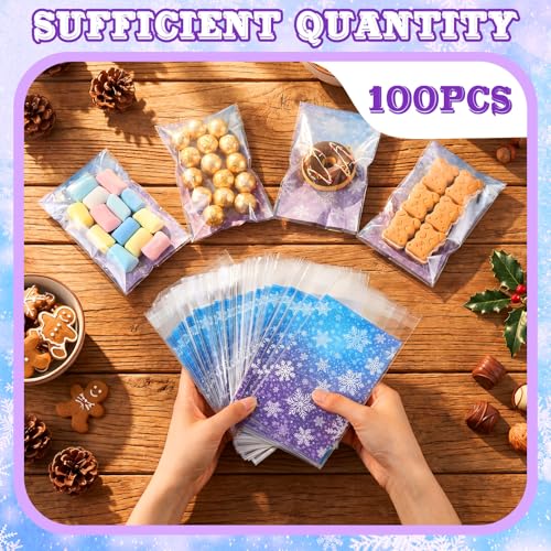 Epakh 100 Pcs Snowflake Cellophane Goodie Bags, Winter Party Favor Bag - style: Snowflake