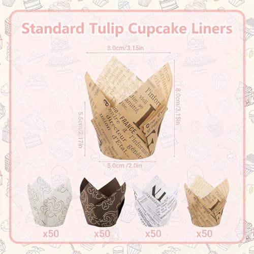 200 Pcs Newspaper Tulip Cupcake Liners for Baking, Newspaper and Stripe - color: Mix Color 2